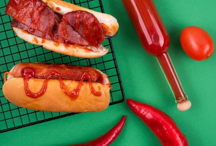 A bowl of savory hot dog chili next to freshly prepared chili dog