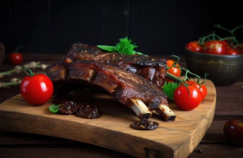 A plate of Healthy Barbecue Ribs with fresh herbs and a side of grilled vegetables, showcasing a nutritious and delicious BBQ meal.