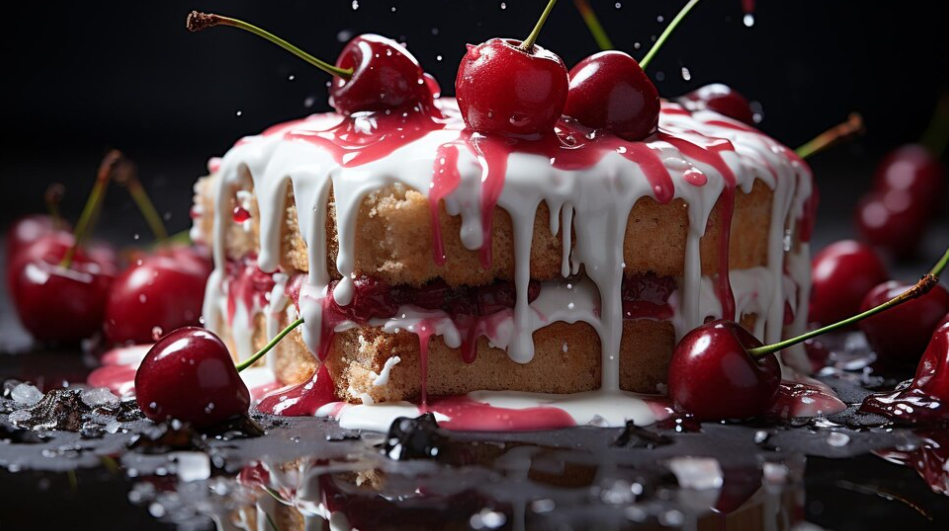 A scrumptious slice of Classic Cherry Delight with creamy layers and cherry topping