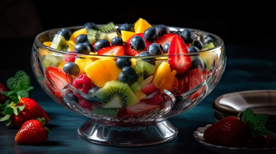 A vibrant and healthy assortment of fresh fruits in a fruit salad, showcasing a variety of colors and textures.