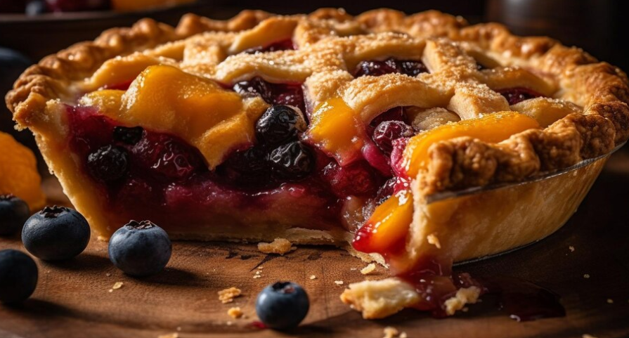 Freshly baked Blackberry Peach Cobbler in a dish, showcasing juicy fruits and golden crust.