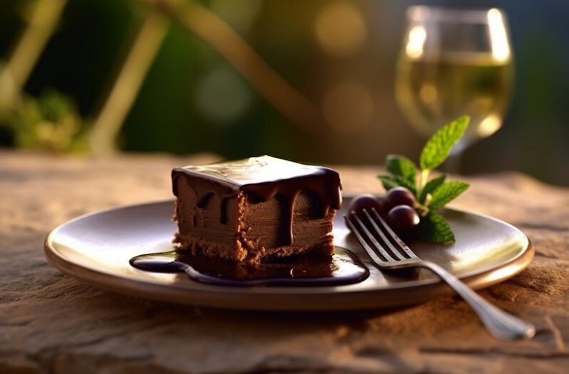 A plate of homemade Peppermint Hot Chocolate Fudge with festive holiday decorations in the background