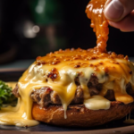 Delicious Philly Cheese Steak Sloppy Joe on a plate with melted cheese and fresh vegetables