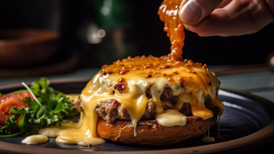 Delicious Philly Cheese Steak Sloppy Joe on a plate with melted cheese and fresh vegetables