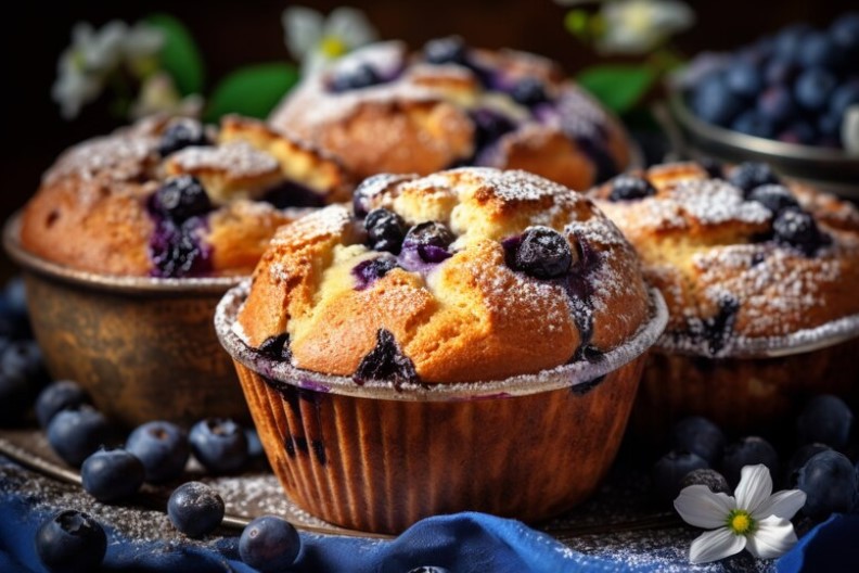 A batch of freshly baked pumpkin banana muffins on a rustic wooden table.