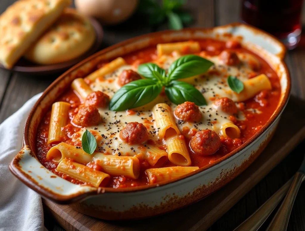 A casserole dish filled with creamy baked sausage rigatoni topped with golden-brown melted cheese and fresh basil