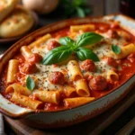 A casserole dish filled with creamy baked sausage rigatoni topped with golden-brown melted cheese and fresh basil