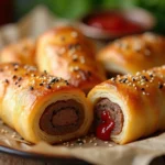 A tray of freshly baked flaky beef sausage rolls with golden puff pastry and sesame seeds, served on parchment paper.