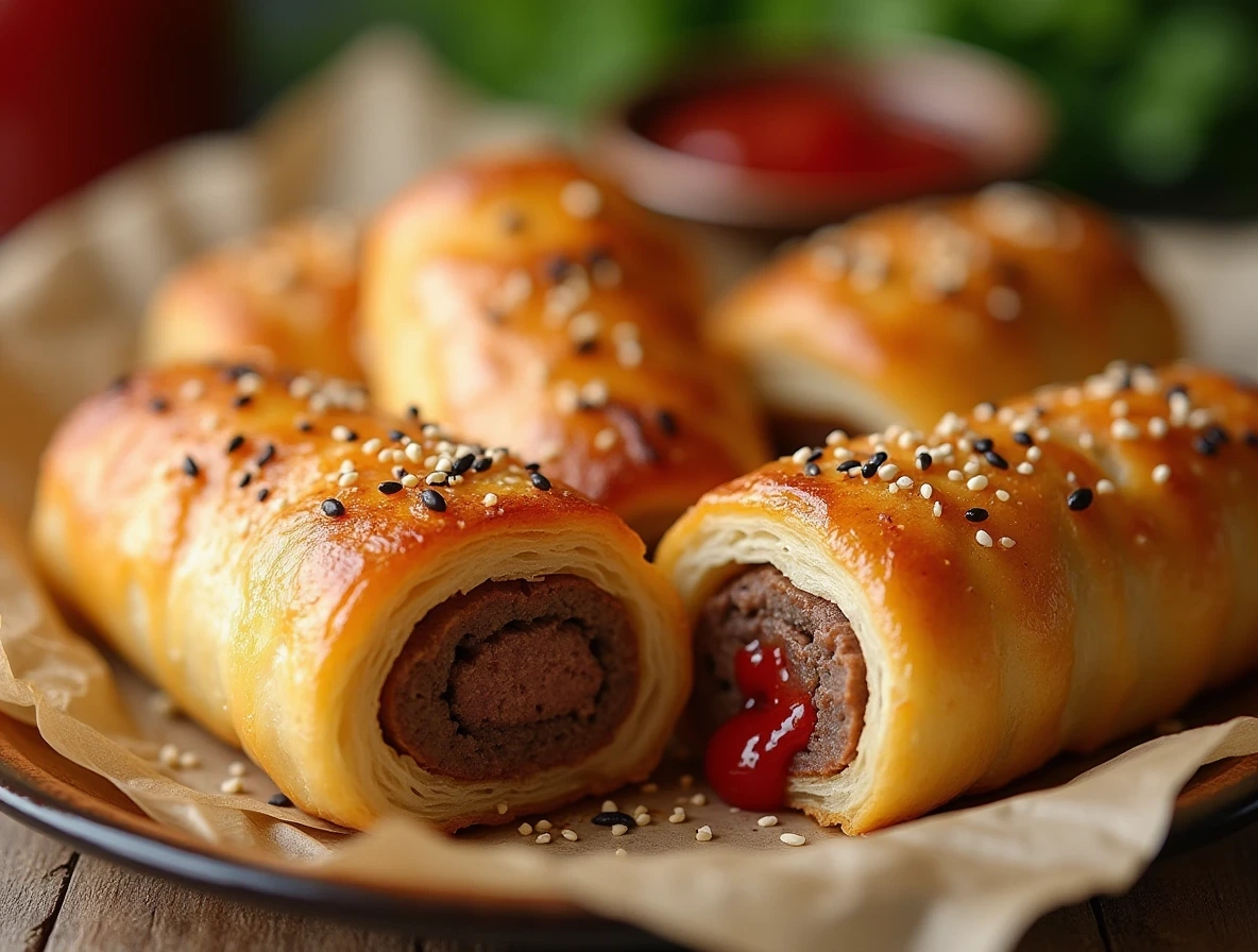A tray of freshly baked flaky beef sausage rolls with golden puff pastry and sesame seeds, served on parchment paper.