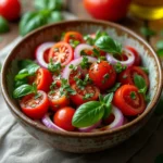 A vibrant tomato herb salad with basil, parsley, red onions, and balsamic vinaigrette in a ceramic bowl on a rustic wooden table.