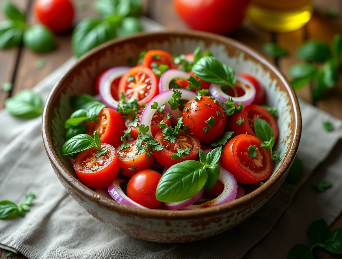 A vibrant tomato herb salad with basil, parsley, red onions, and balsamic vinaigrette in a ceramic bowl on a rustic wooden table.