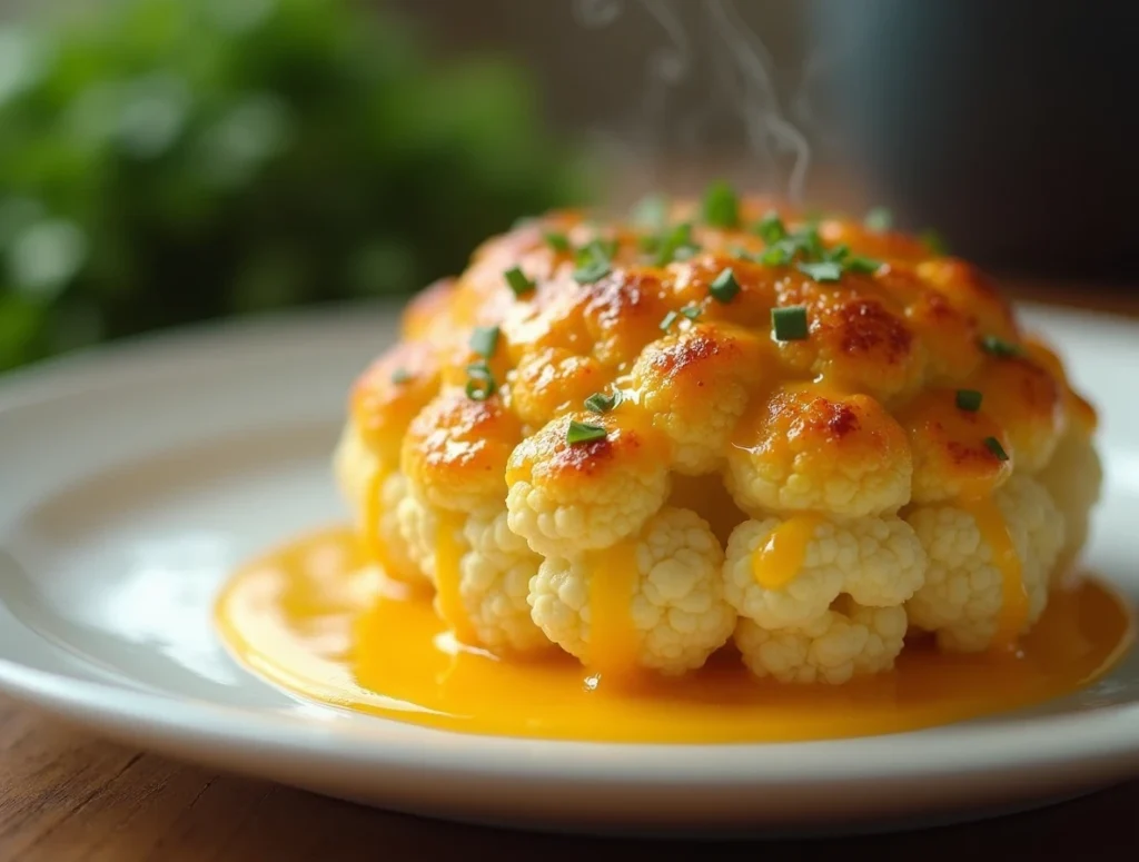 Golden brown cauliflower cheese bake with creamy cheddar sauce, fresh from the oven