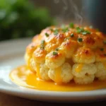 Golden brown cauliflower cheese bake with creamy cheddar sauce, fresh from the oven