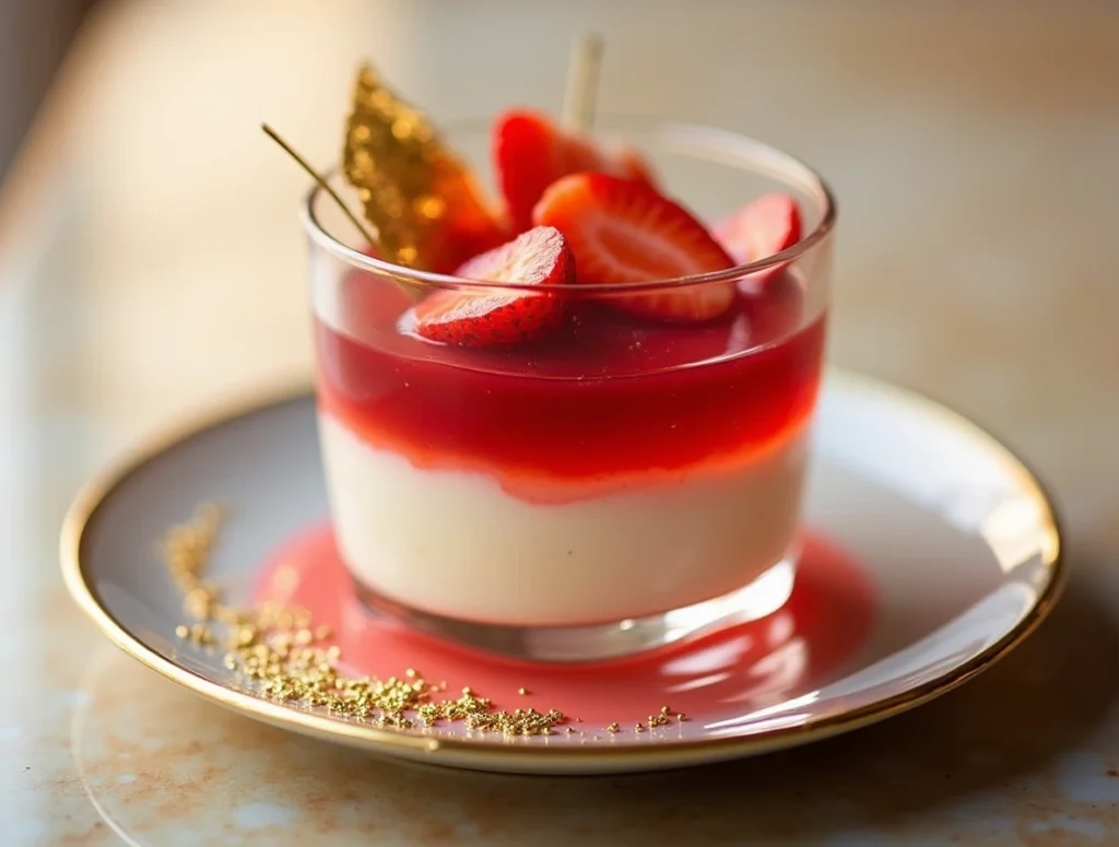 Elegant strawberry panna cotta served in a clear glass, topped with whipped cream, fresh strawberry, and mint
