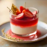 Elegant strawberry panna cotta served in a clear glass, topped with whipped cream, fresh strawberry, and mint