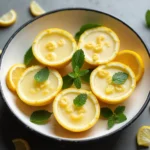 Three lemon shells filled with Lemon Posset Recipe posset, garnished with mint and berries, served on a marble surface.