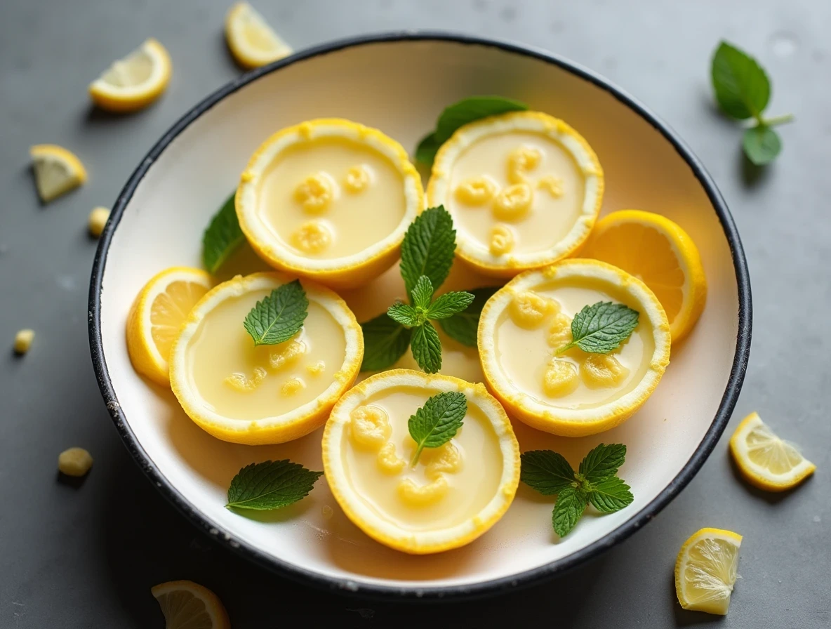 Three lemon shells filled with Lemon Posset Recipe posset, garnished with mint and berries, served on a marble surface.