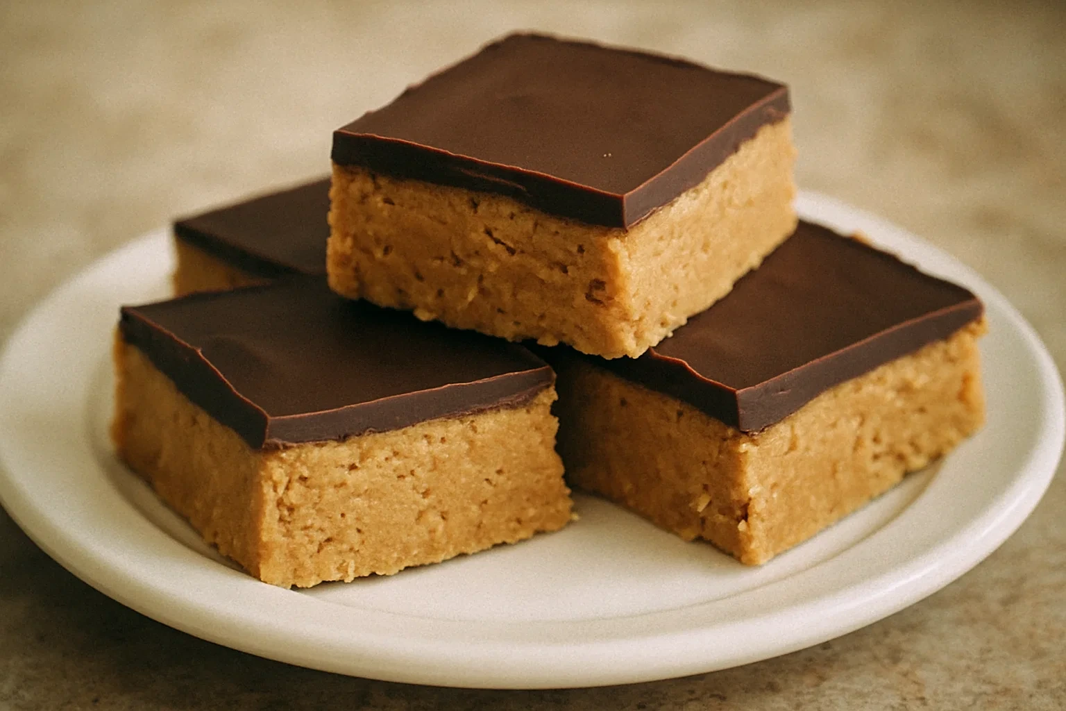 A close-up of no-bake chocolate peanut butter bars stacked on parchment paper, showing a creamy peanut base and glossy chocolate topping.