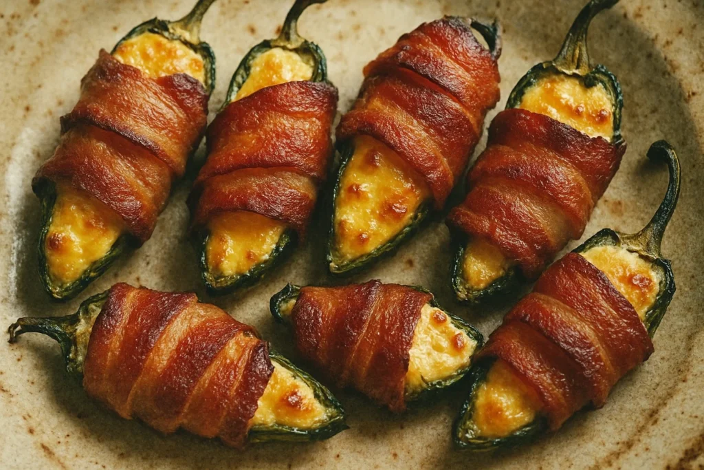 A close-up of delicious bacon-wrapped jalapeños stuffed with cheese.