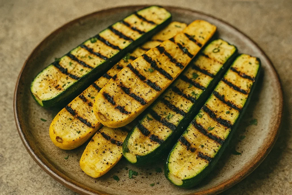 Close-up of Grilled Zucchini Recipe on a platter with herbs and lemon, ready to serve