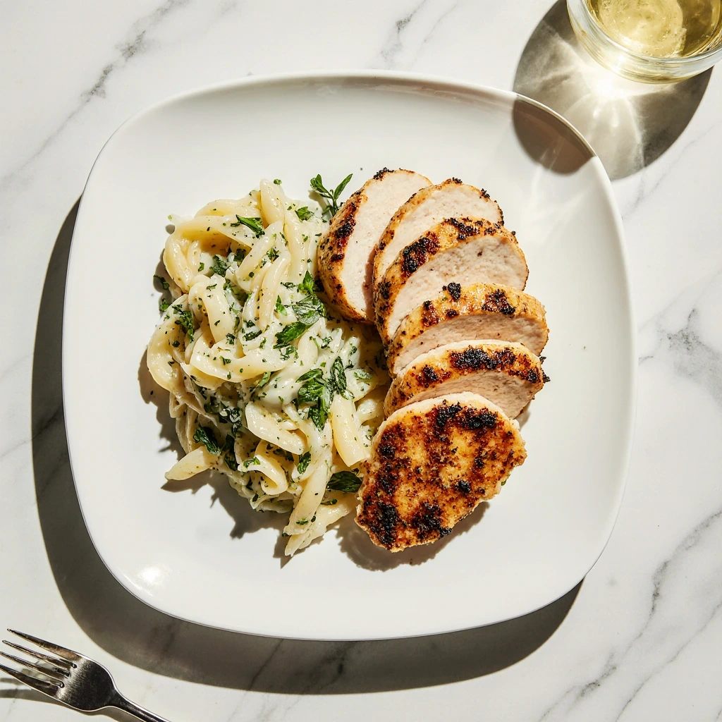 A delicious plate of creamy chicken pasta with garlic Parmesan sauce, topped with juicy grilled chicken and fresh parsley, perfect for weeknight dinners.