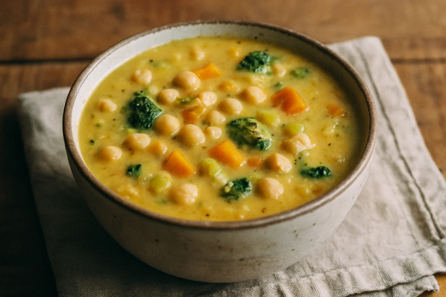 A bowl of creamy chickpea vegetable soup with carrots, peas, potatoes, and fresh thyme, served with slices of crusty bread.