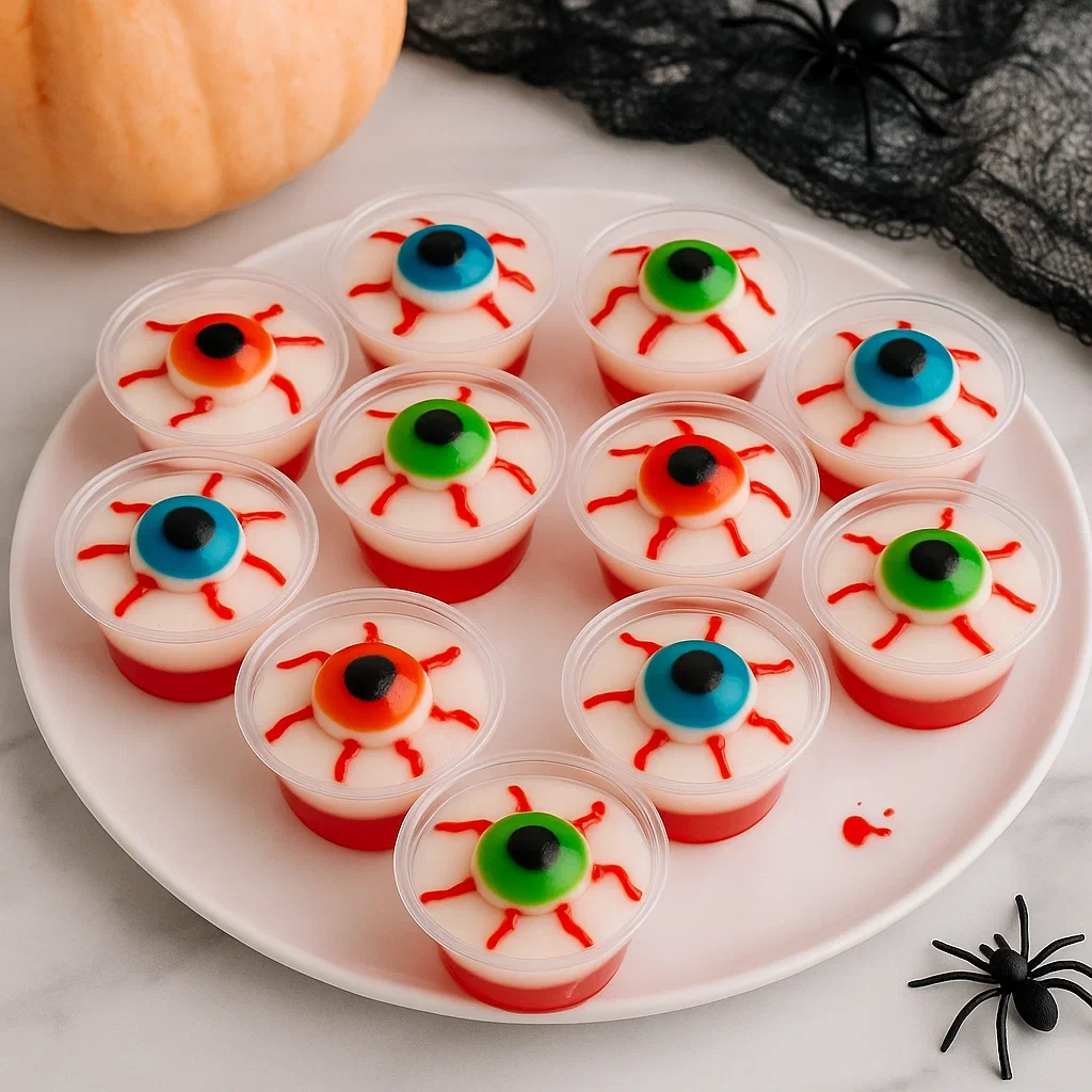 Halloween eyeball jello shots served in small cups with spooky candy eyes