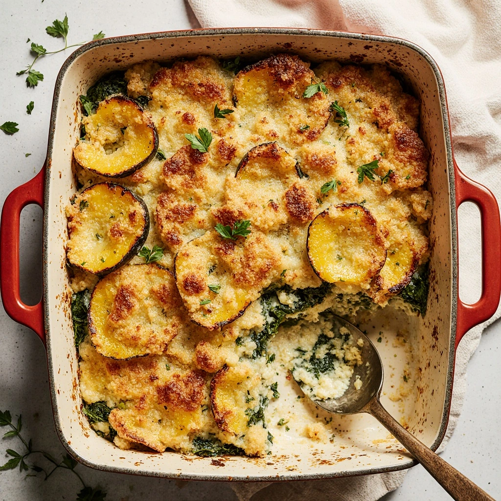 Cheesy Butternut Squash Casserole in a baking dish ready for Thanksgiving