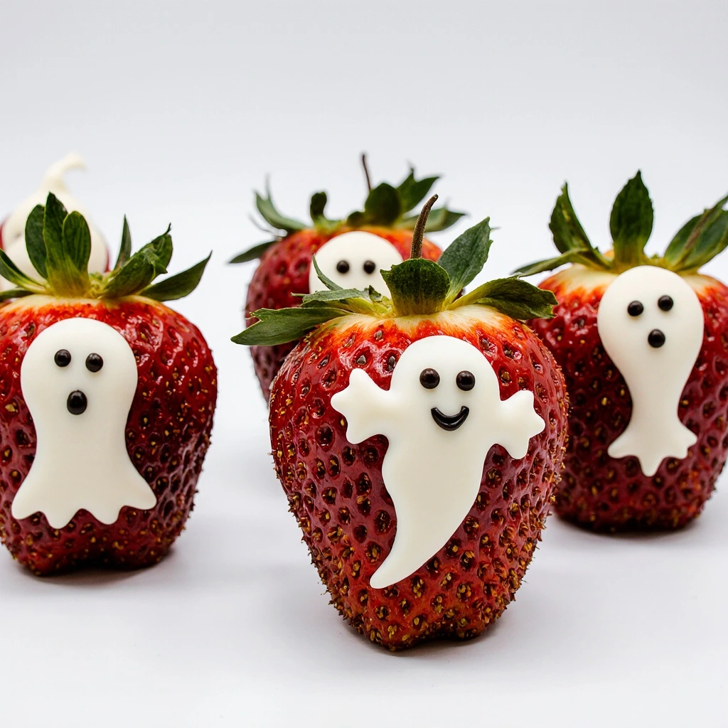 A close-up of spooky Halloween Strawberry White Chocolate Skulls on a dark table with pumpkins and candles