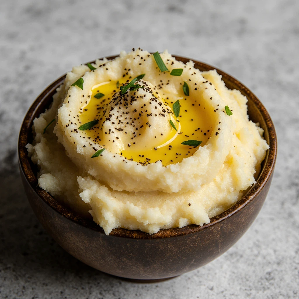 Crockpot Garlic Mashed Potatoes ready to serve, perfect for Thanksgiving Crockpot Side Dishes