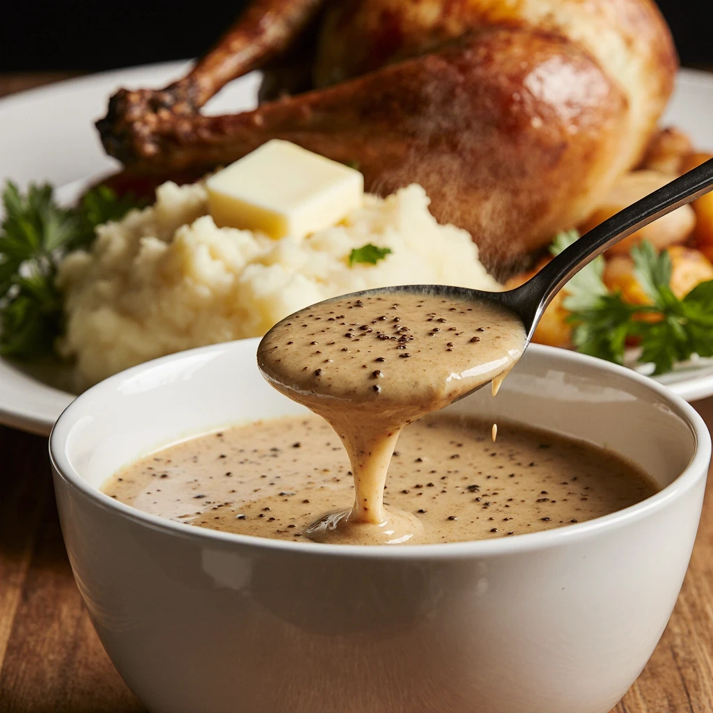 Perfect Turkey Gravy, Thanksgiving served over roasted turkey and mashed potatoes
