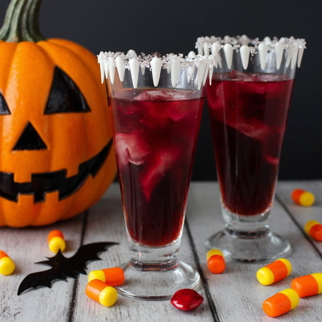 Vampire Teeth Halloween Drink with gummy vampire teeth garnish – spooky party recipe