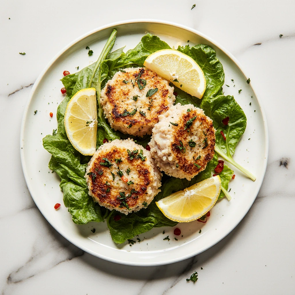 Crispy homemade tuna cakes made with canned tuna, served with lemon wedges and fresh herbs