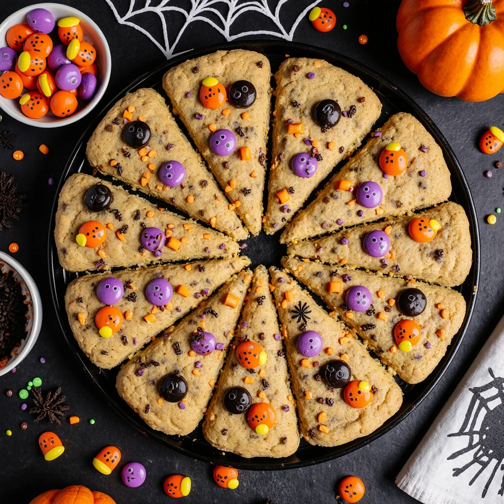 Halloween Cookie Cake decorated with candy corn, sprinkles, and M&M’s for a spooky party dessert