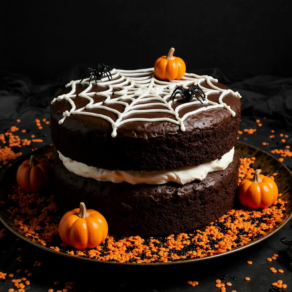 Spiderweb Cake with chocolate frosting and white icing spiderweb decoration for Halloween