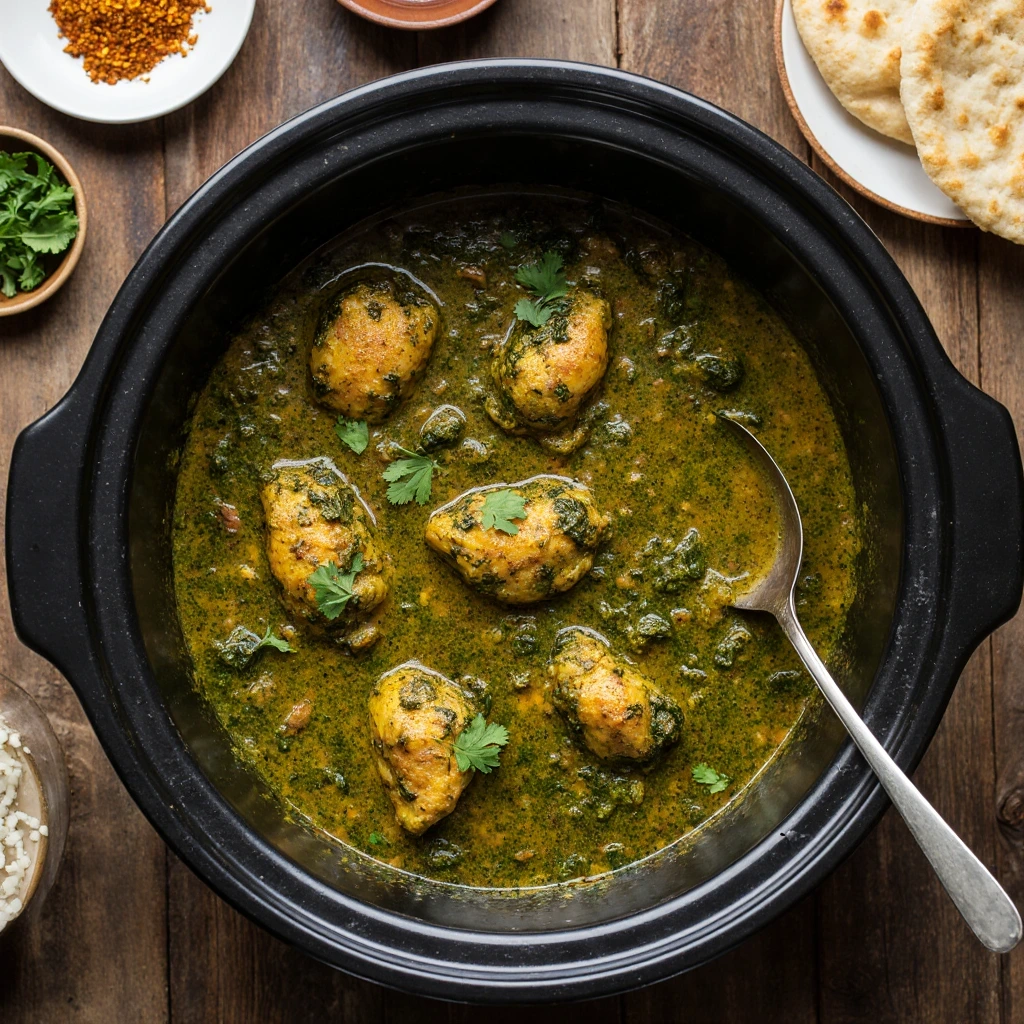 Crockpot Chicken Saag with spinach and spices in a slow cooker