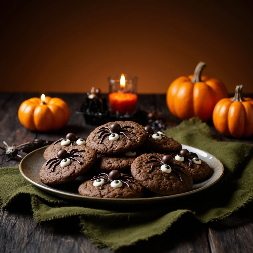 Spooky spider cookies with chocolate candy bodies and pretzel legs for Halloween treats