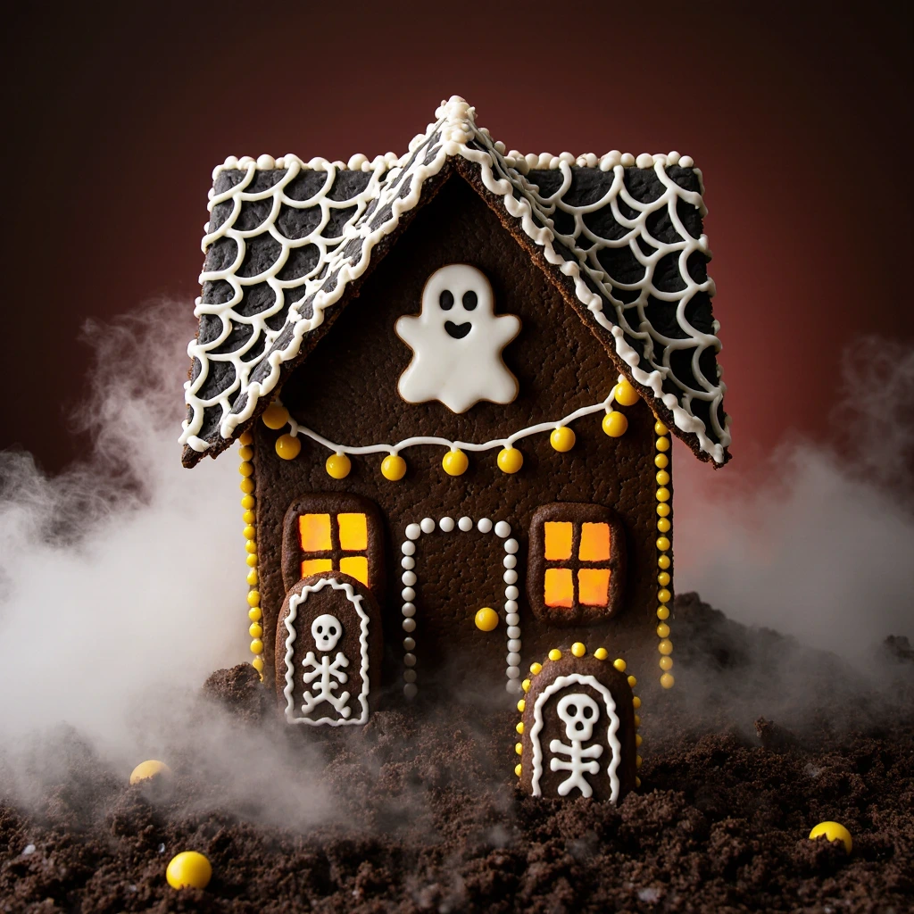 Haunted Cookie House decorated with candy and icing for Halloween desserts