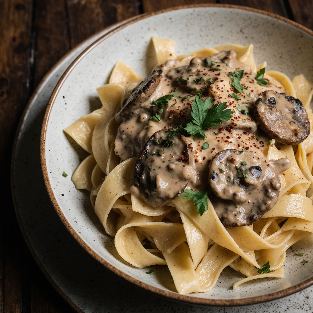 Creamy Mushroom Alfredo Fettuccine pasta served with creamy sauce and mushrooms on a dinner plate