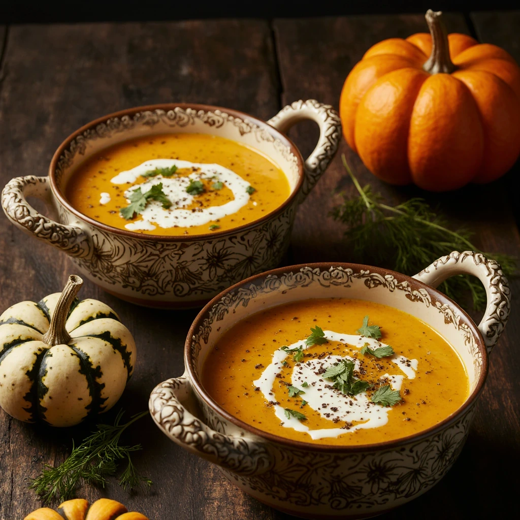 Bowl of creamy pumpkin soup decorated Halloween style with sour cream spiderweb and ghost-shaped croutons.