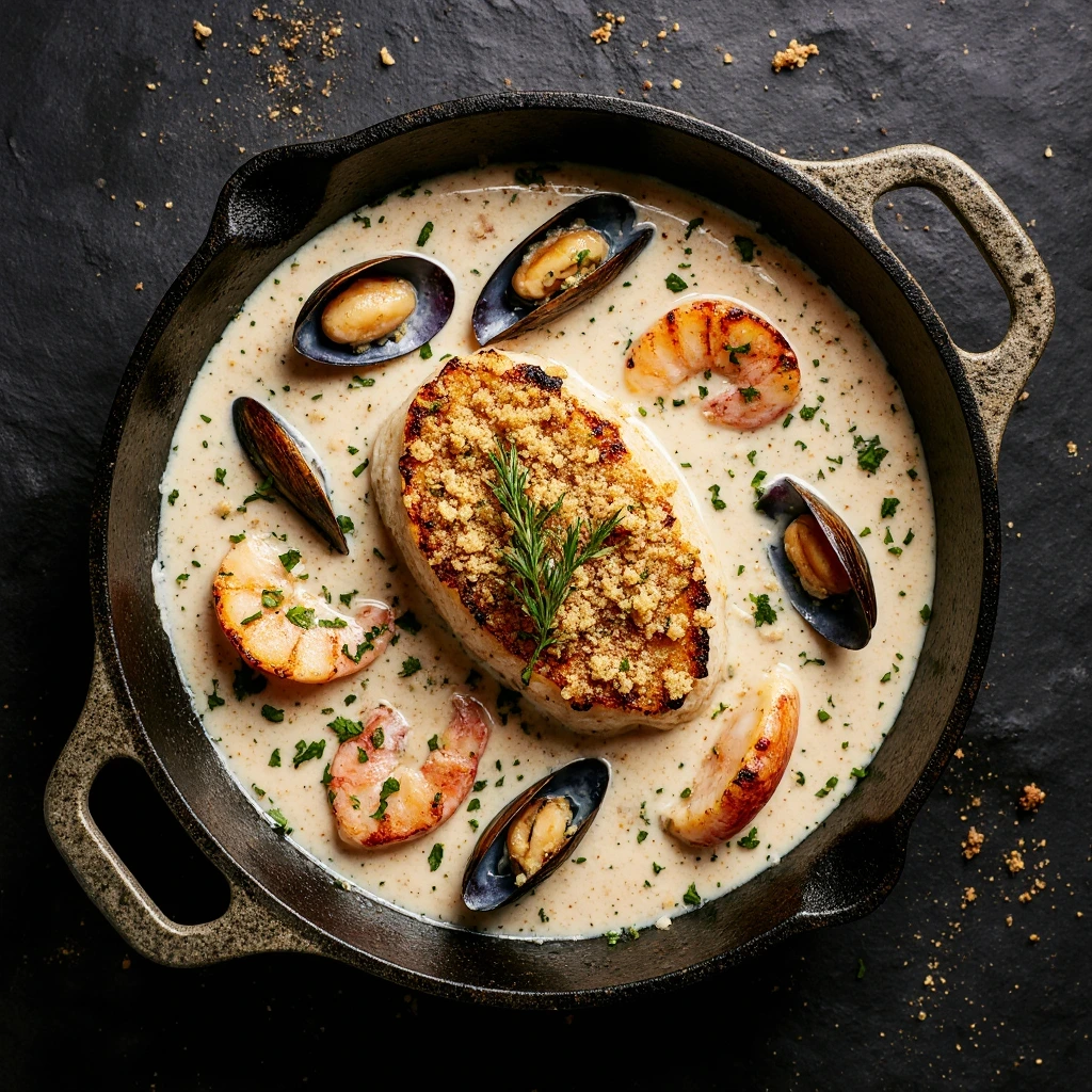 Gourmet Seafood Cassolette served in a rustic dish with scallops, mussels, and creamy sauce topped with golden breadcrumbs