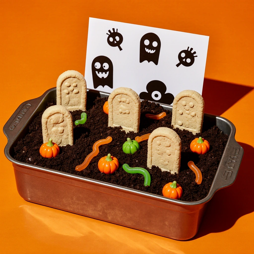 Spooky Halloween Graveyard Cake decorated with cookie tombstones, chocolate dirt, and candy for a festive Halloween dessert recipe.
