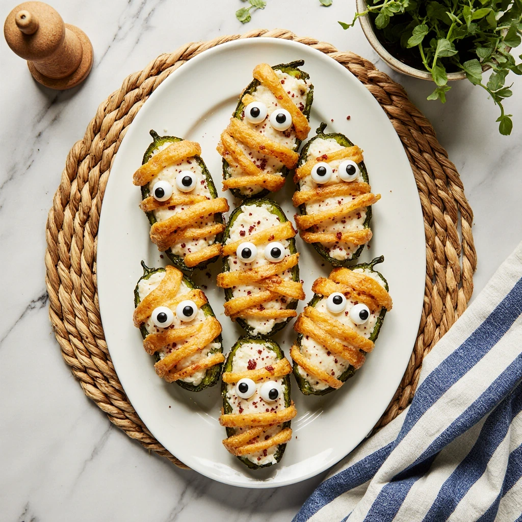 Halloween Jalapeño Popper Mummies – cheesy stuffed jalapeños wrapped in puff pastry