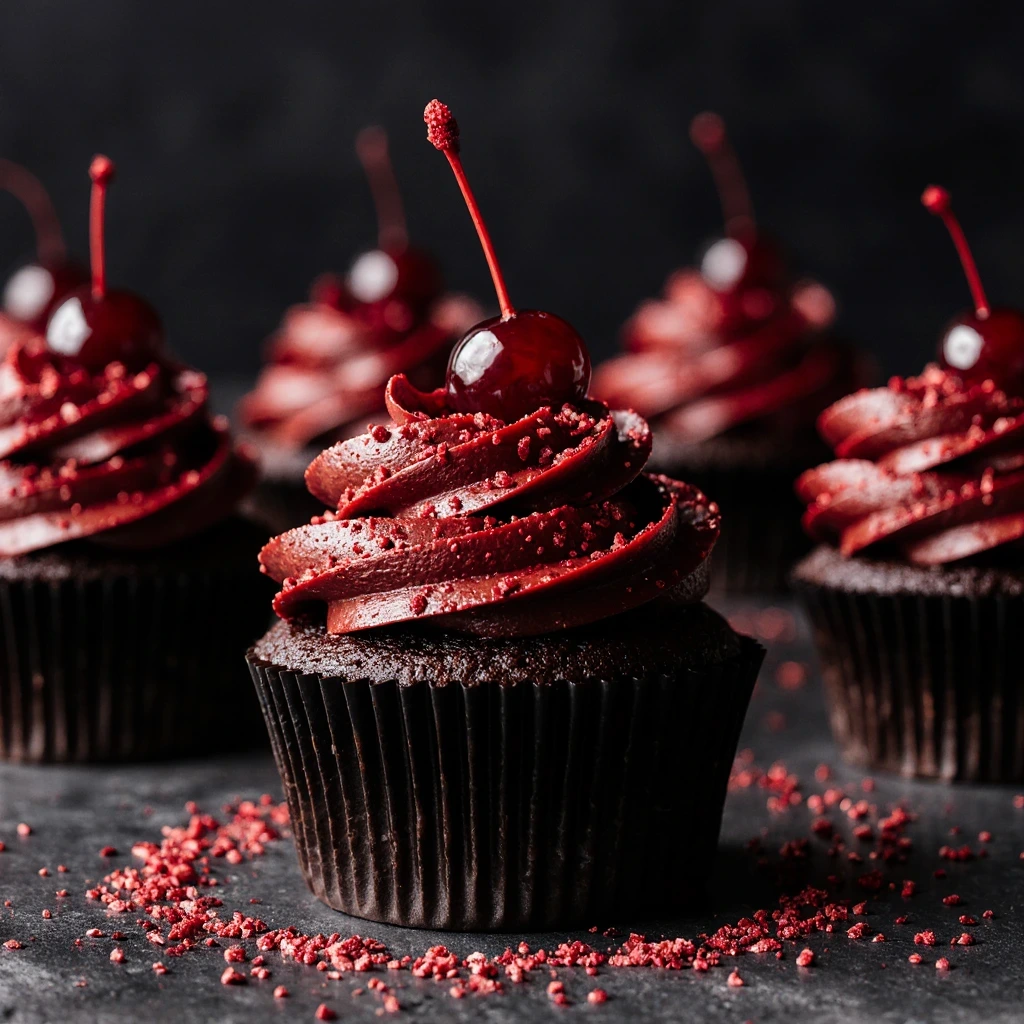Poison Apple Cupcakes with glossy red candy glaze, styled as spooky Halloween desserts on a party table.