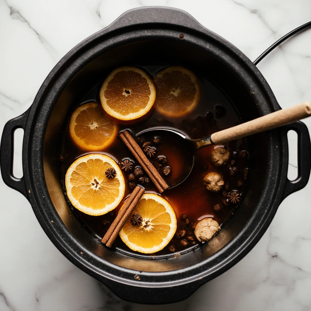 Warm slow cooker mulled cider with apples, oranges, cinnamon sticks, and spices served as a cozy holiday beverage and Halloween drink recipe.