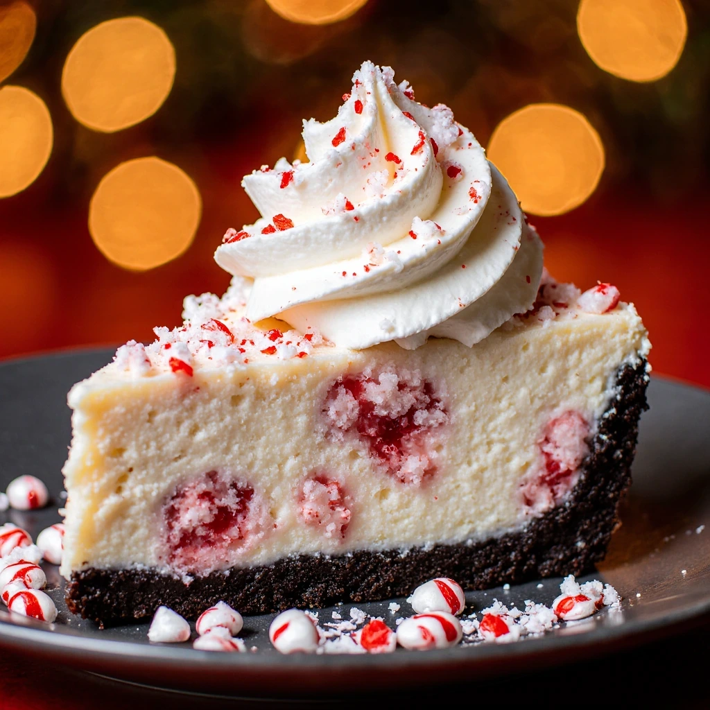 A festive Peppermint Pie topped with whipped cream and crushed candy canes, perfect for Christmas dessert.