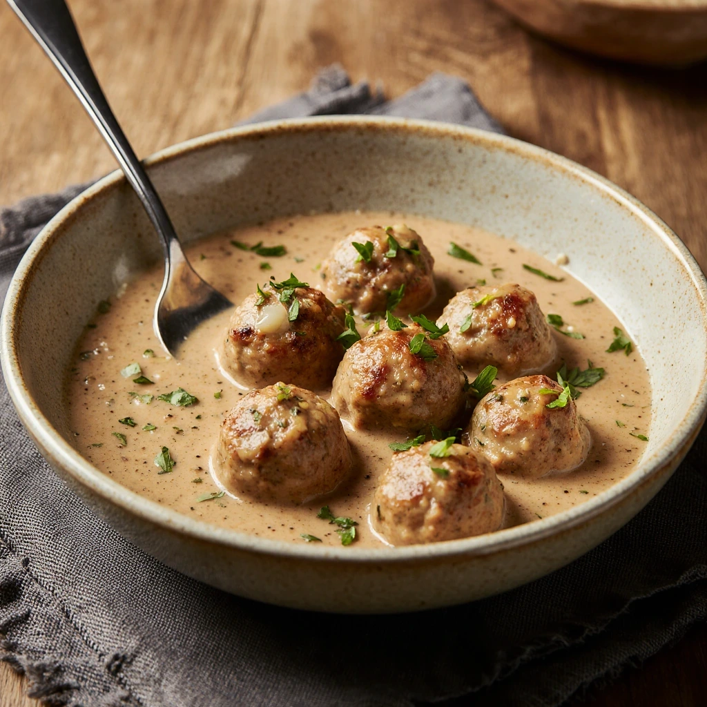 French onion meatballs served with savory onion sauce and melted Gruyère cheese in a skillet