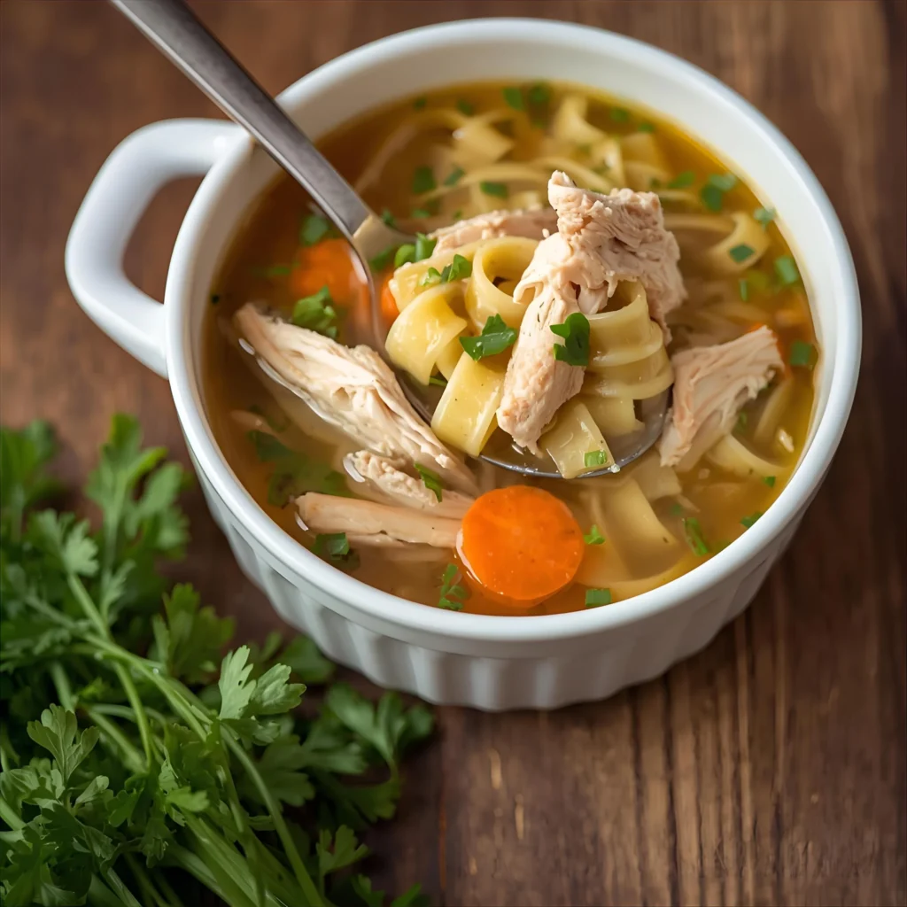 Chicken Noodle Soup with Tender Chicken Thighs and Egg Noodles in a Hearty Broth