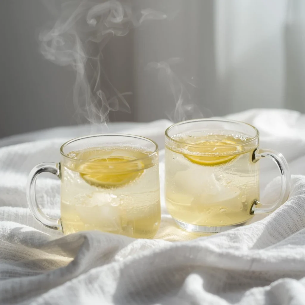Warm cup of lemon juice, ginger, and honey drink in a glass mug, topped with a slice of lemon and fresh ginger, served on a wooden table.