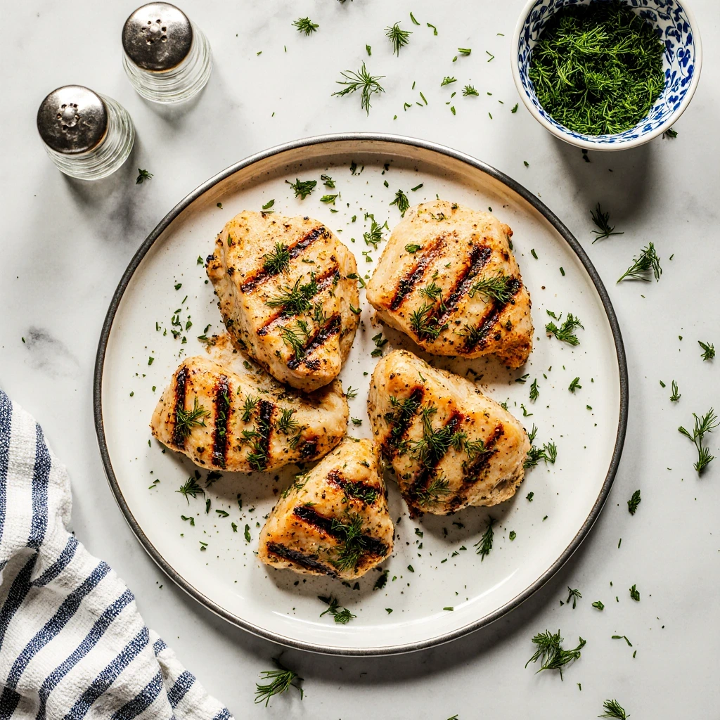 Juicy grilled chicken breast served with fresh herbs and lemon slices on a dinner plate